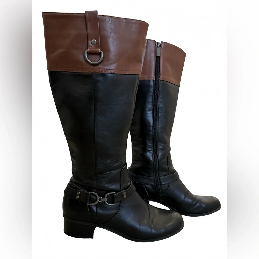Bandolino Two-Tone Black & Brown Knee-High Riding Boots | Women’s Size 9